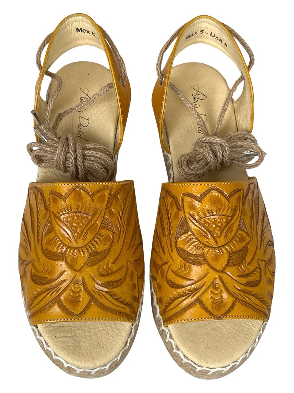 Alexis David Hand Tooled Artisan Leather Espadrille Sandals - 8 - Yellow, Tan